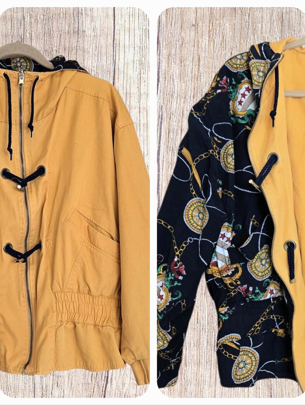 Vtg 90s Mulberry Street Reversible Jacket Sz M Mustard Yellow w Nautical Reverse